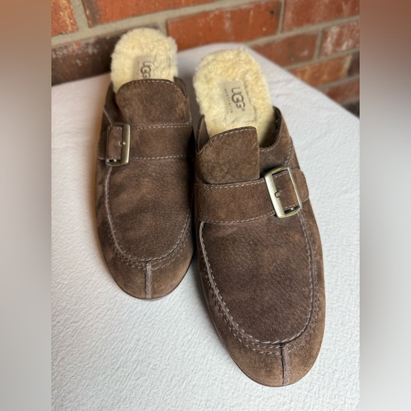 UGG Isabella Brown Suede leather Sherling Slip-On buckle clog loafers block heel - Picture 1 of 8
